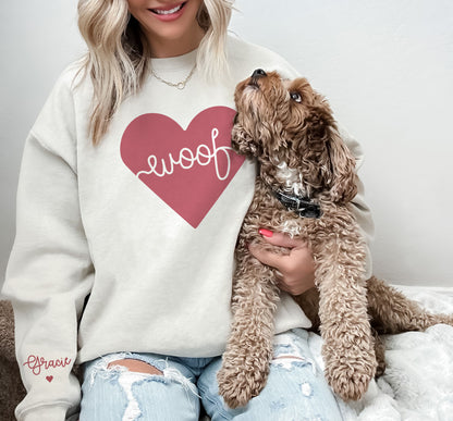 Personalized Dog Name Sweatshirt | Custom Woof Heart Sleeve Crewneck