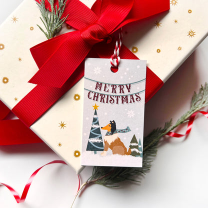 Gift box with a red ribbon and a 'Merry Christmas' tag featuring a dog and Christmas tree design.