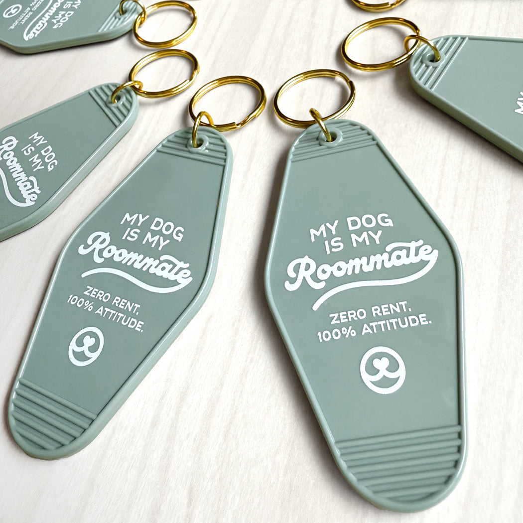 Vintage-style motel key tag for dog moms and dog dads with gold keyring
