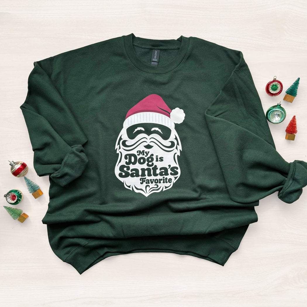 Green sweatshirt with Santa-themed design on a white background