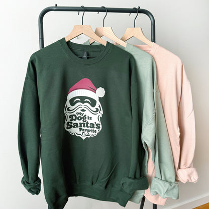 Green sweatshirt with Santa graphic and text on a rack against a white wall