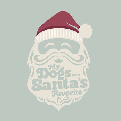 Illustration of Santa Claus with a beard and text 'My Dogs are Santa's Favorite' on a sage green background.