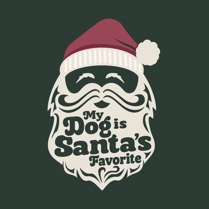 Santa with beard and hat, featuring text 'My Dog is Santa's Favorite' on a dark background
