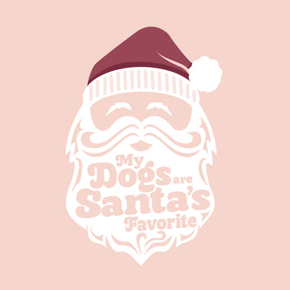 Illustration of Santa Claus with a beard and text 'My Dogs are Santa's Favorite' on a pink background