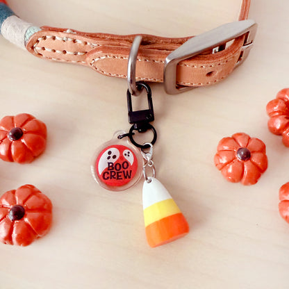 A tan leather dog collar with a silver buckle, decorated with a round red 'BOO CREW' ghost charm and a candy corn charm, displayed on a light wood surface with small orange pumpkins.