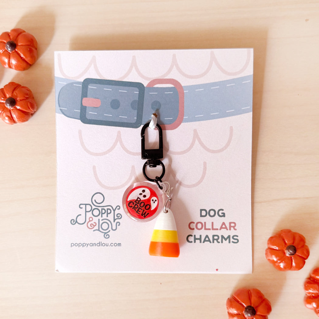 A dog collar charm set displayed on a branded card, featuring a black carabiner clip with a round red-and-white 'BOO HOO MEOW' charm and a candy corn charm, photographed on a light wood surface with small orange pumpkin props.