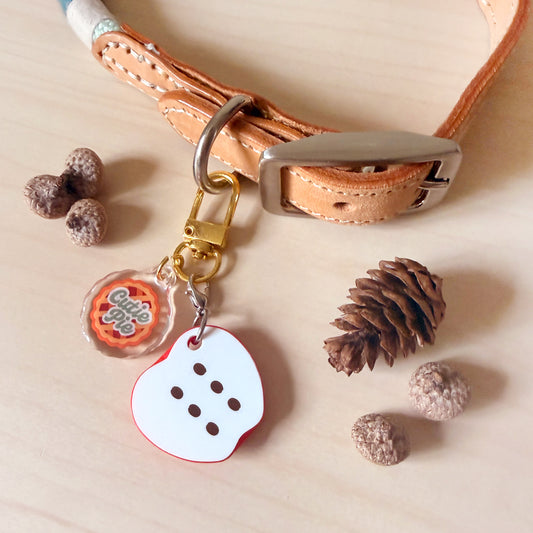 A tan leather dog collar with a silver buckle, decorated with a gold clasp holding a white bone-shaped tag and a clear round tag with an orange design. The scene is styled on a light wood surface with pinecones and small brown decorative objects.