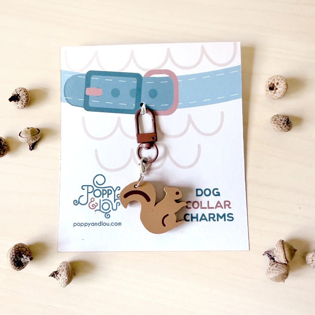 Cute squirrel charm for dog collars featuring a lightweight plastic design from the Poppy & Lou Charm Collection.