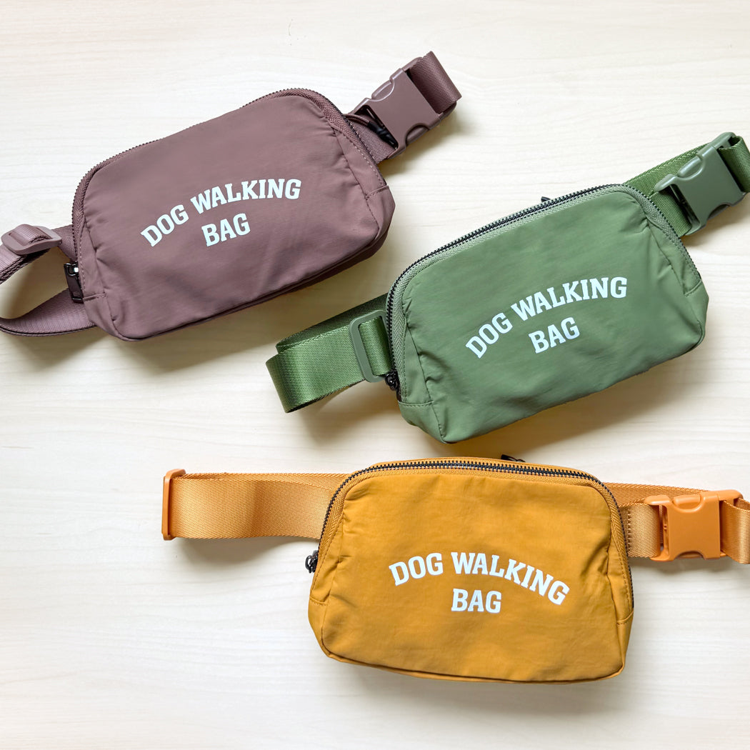 All three colors of the Dog Walking Bag – Yellow, Brown, and Green – displayed side by side