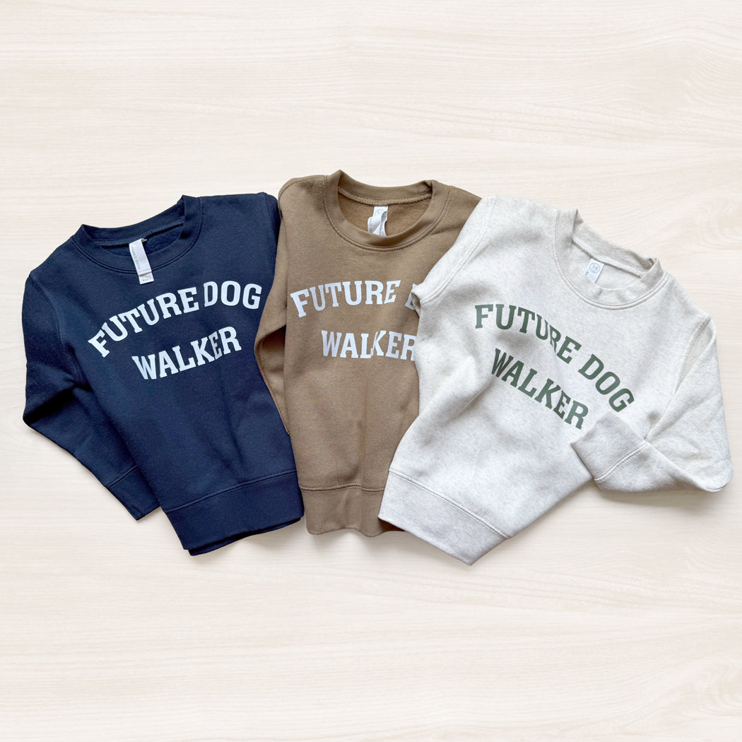 Three sweatshirts with 'FUTURE DOG WALKER' text on a light background
