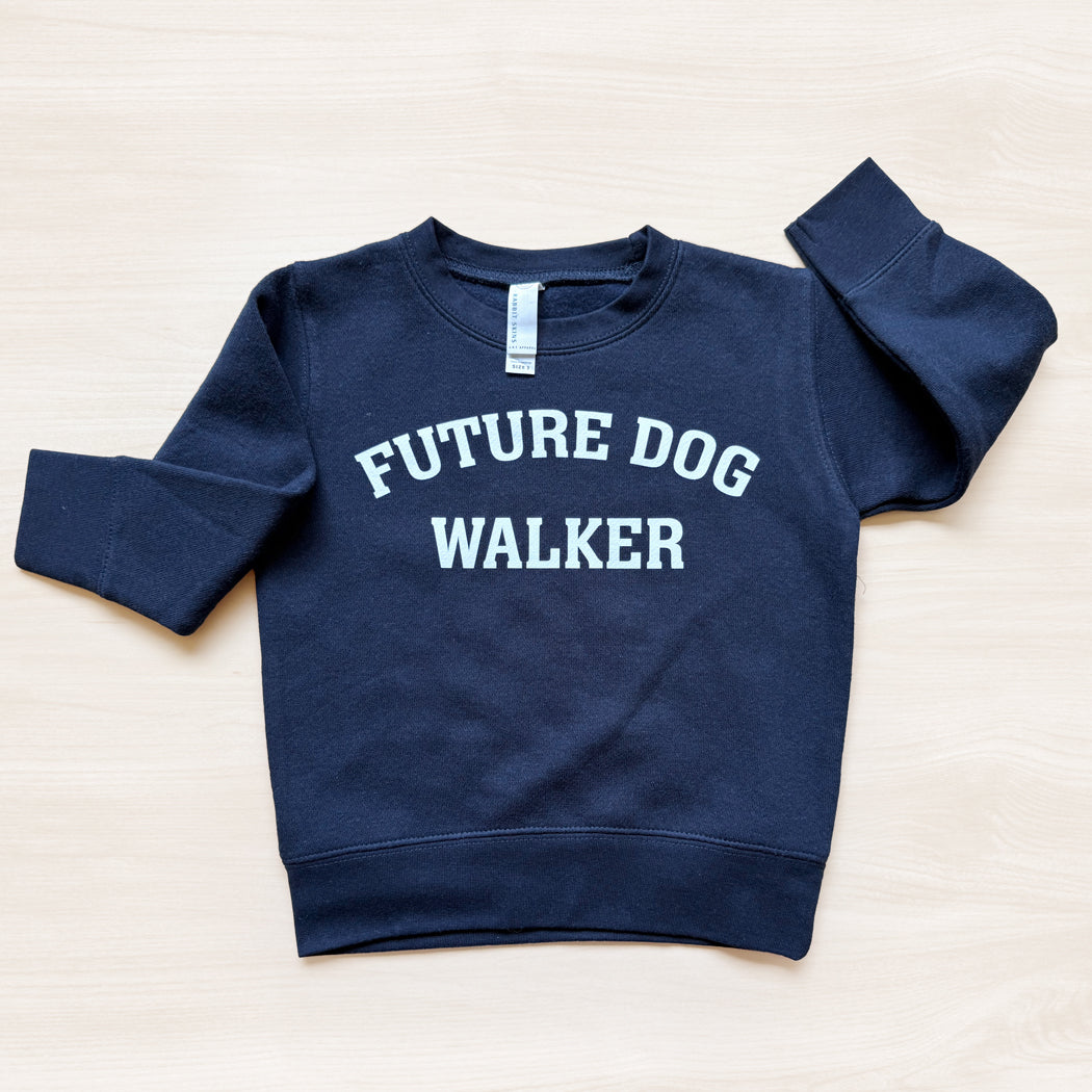 Navy blue sweatshirt with 'Future Dog Walker' text on a light background