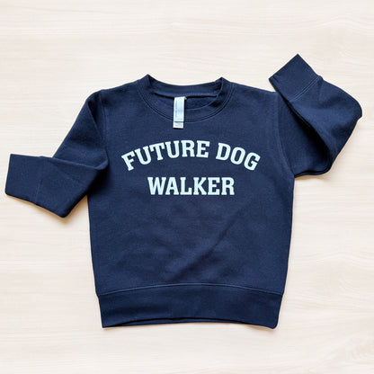 Navy blue sweatshirt with 'Future Dog Walker' text on a light background