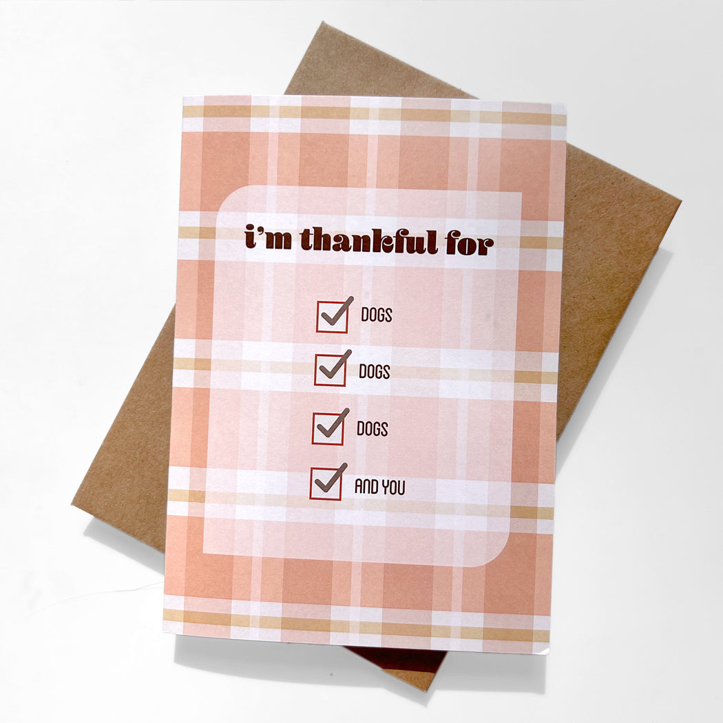 Cute autumn-themed dog card for Thanksgiving and Friendsgiving celebrations.